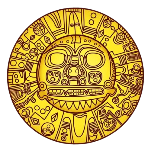 Stylised gold Incan Inti sun disc with face and ceremonial symbols