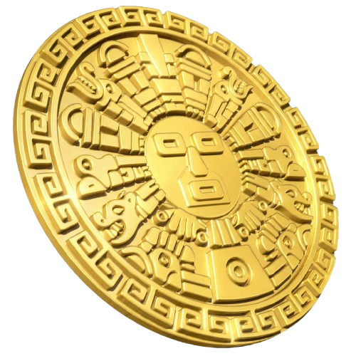 3D rendered gold Incan Inti sun disc with raised ceremonial carvings